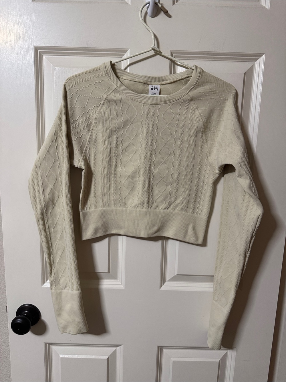 JoyLab Cream Cropped Cable-Textured Crew Fitted Top